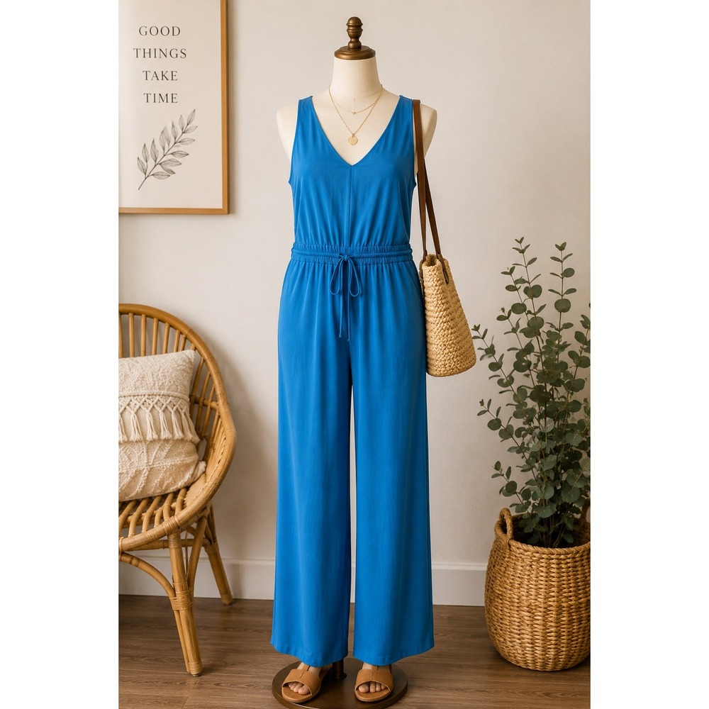 Athleta Womens Blue V-Neck Sleeveless Wide Leg Drawstring Waist Jumpsuit Size M